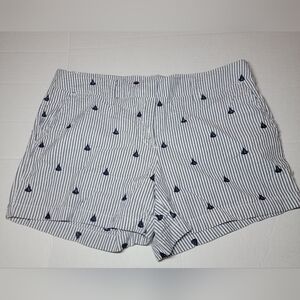 💚 British Khaki Striped Embroidered Sailboat‎ Chino Shorts Women Size 10 Cotton